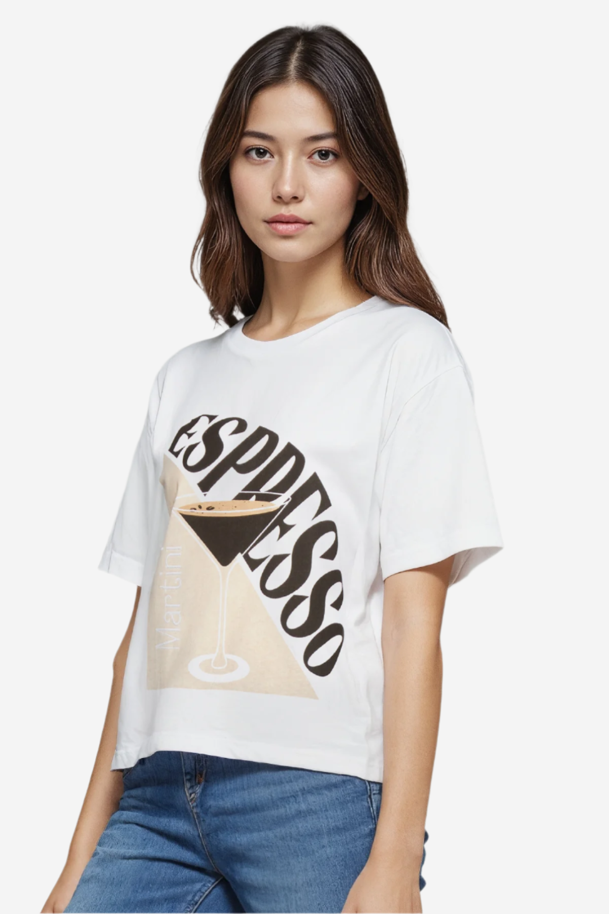 A woman wearing a white crop tee with the text &