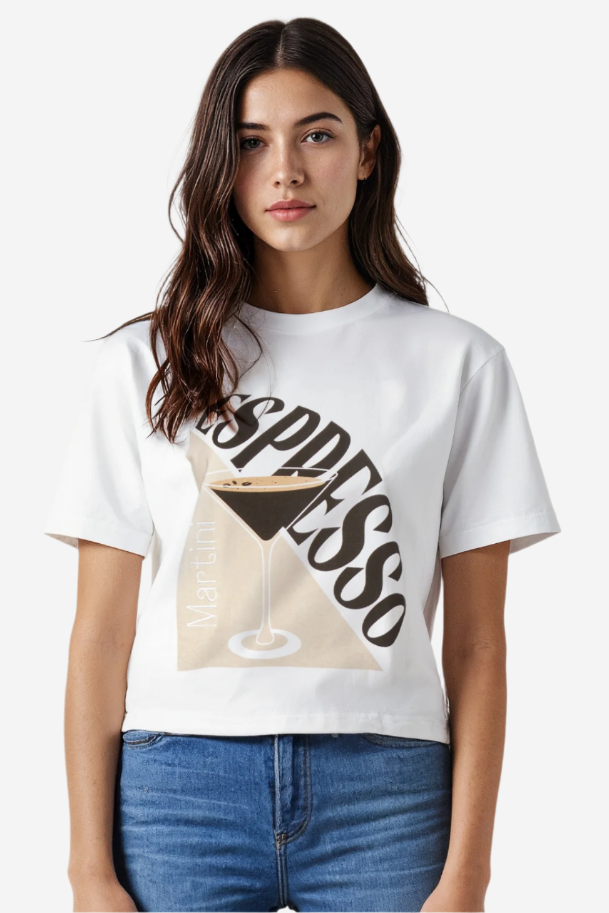 A woman wearing a white crop tee with the text &