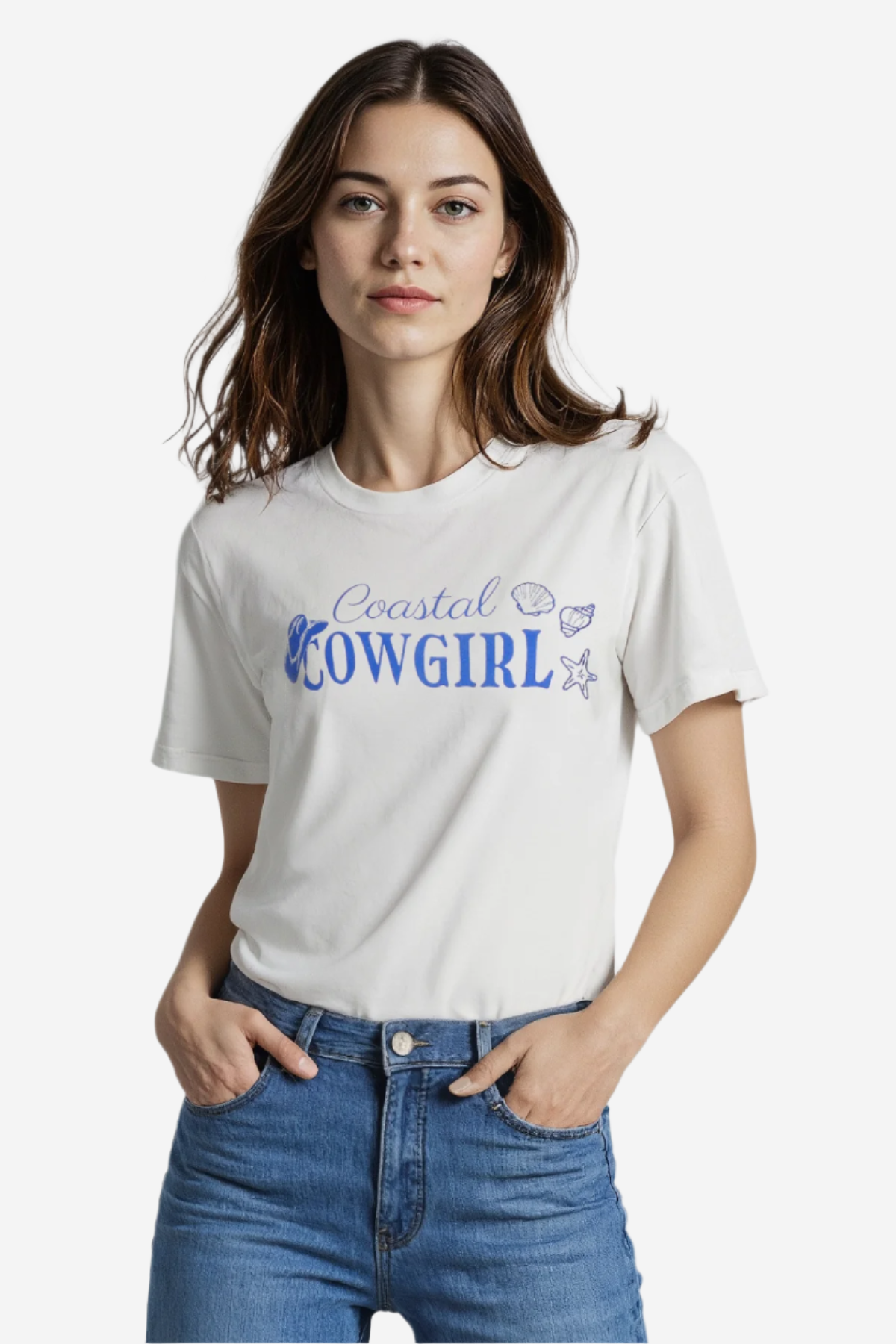 A woman wearing a white crop top with the text &