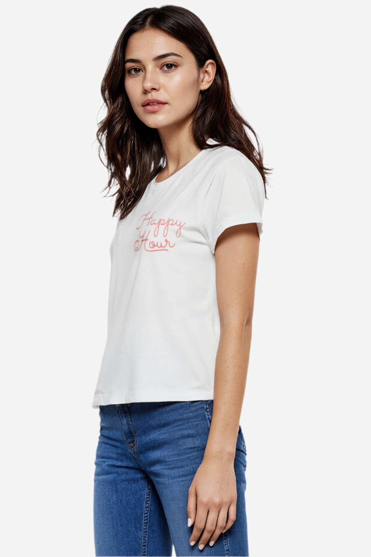 A woman wearing a white crop tee with the text &