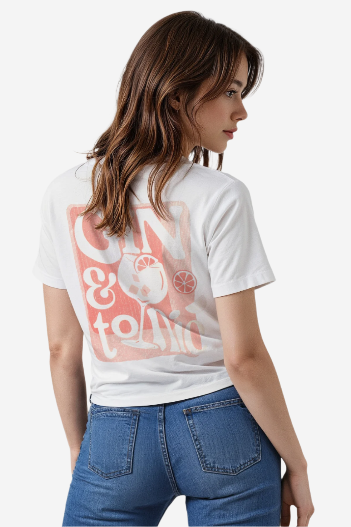 A woman wearing a white crop tee with the text &