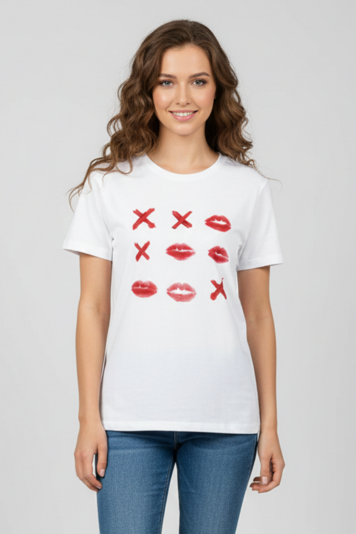 Woman wearing a white t-shirt with red lipstick marks and &