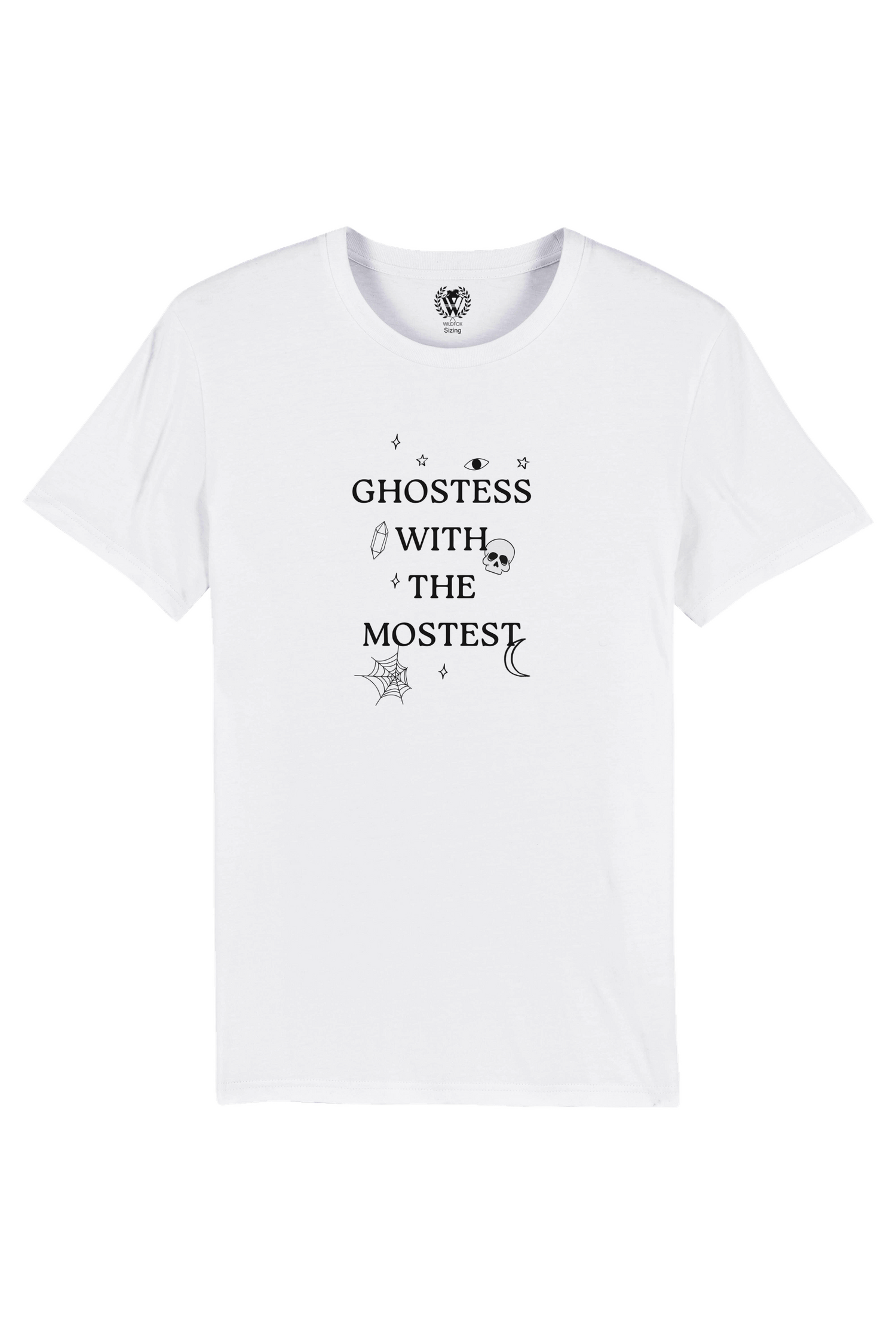 White t-shirt with the black text &