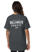 Back view of woman wearing a gray t-shirt with the white text &