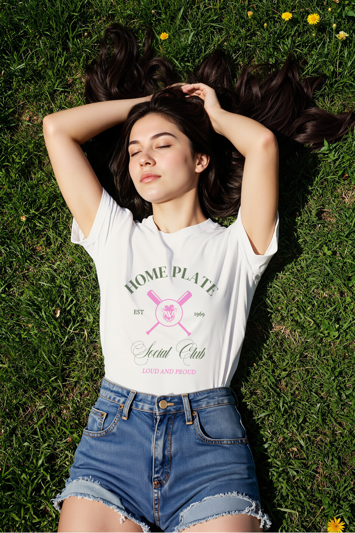 Woman lying on grass wearing a white t-shirt with &