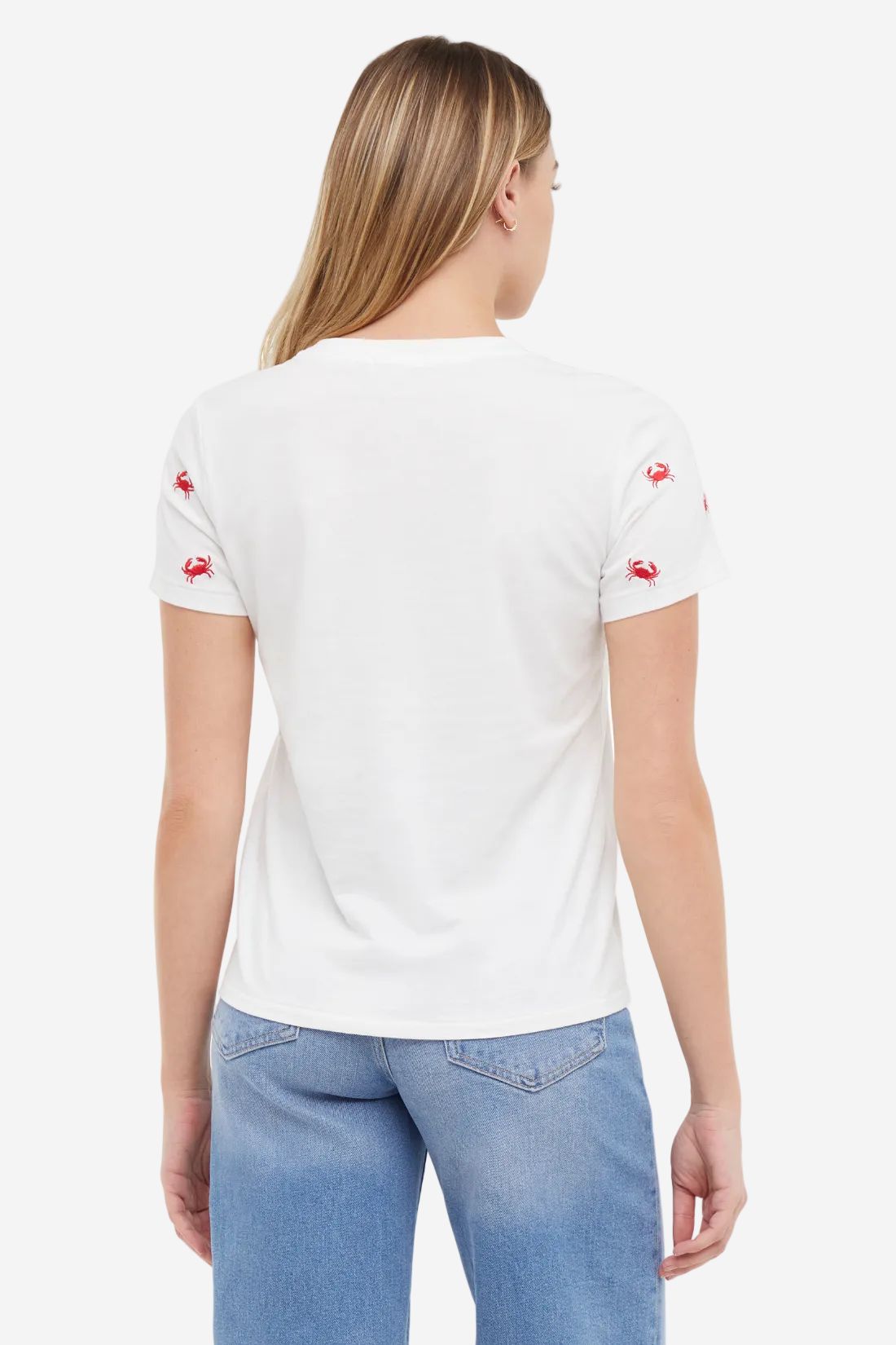 Back of Woman wearing a white t-shirt with red lobster designs on sleeves on a white background