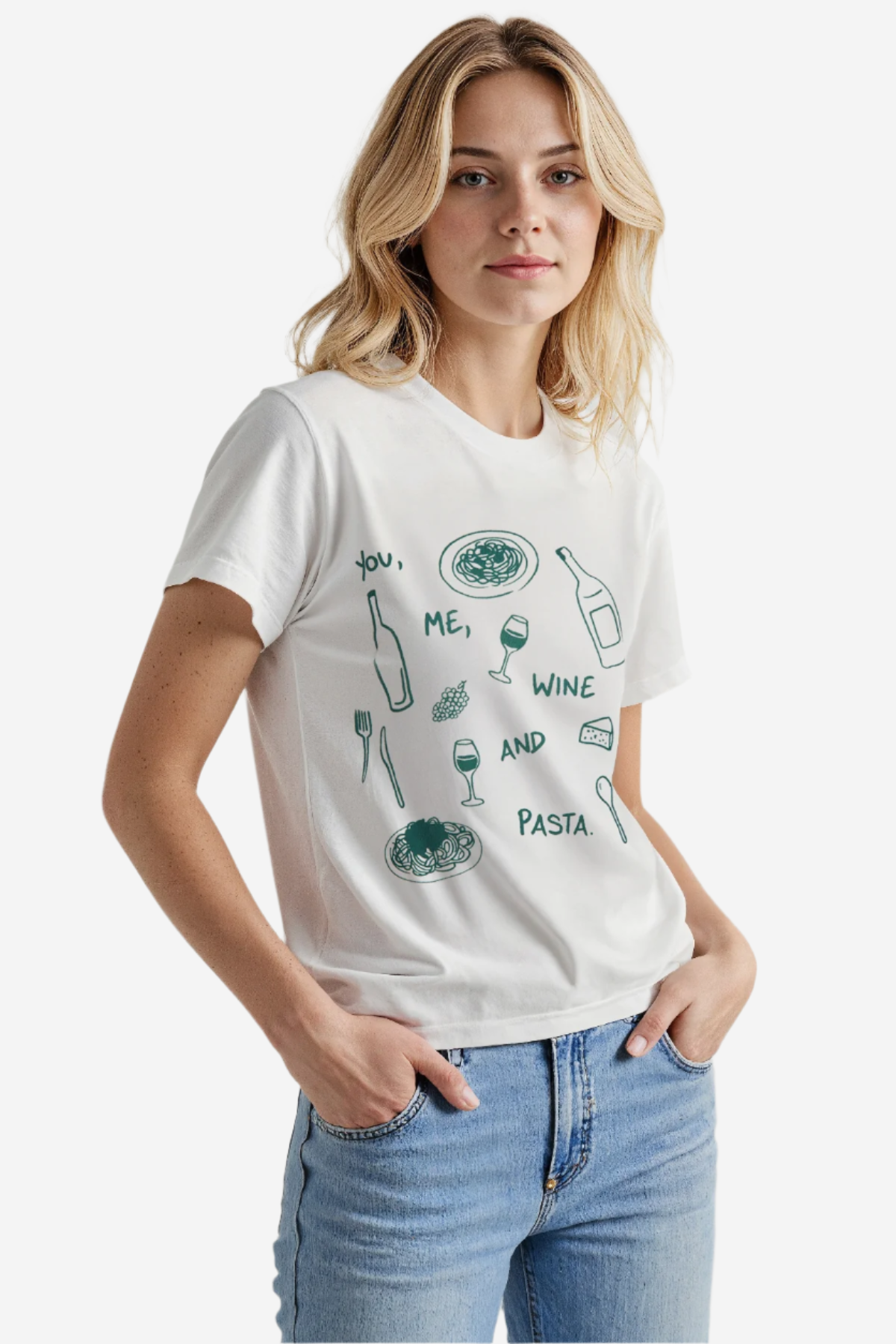 This is an alternate side angle image of the model wearing the shirt.