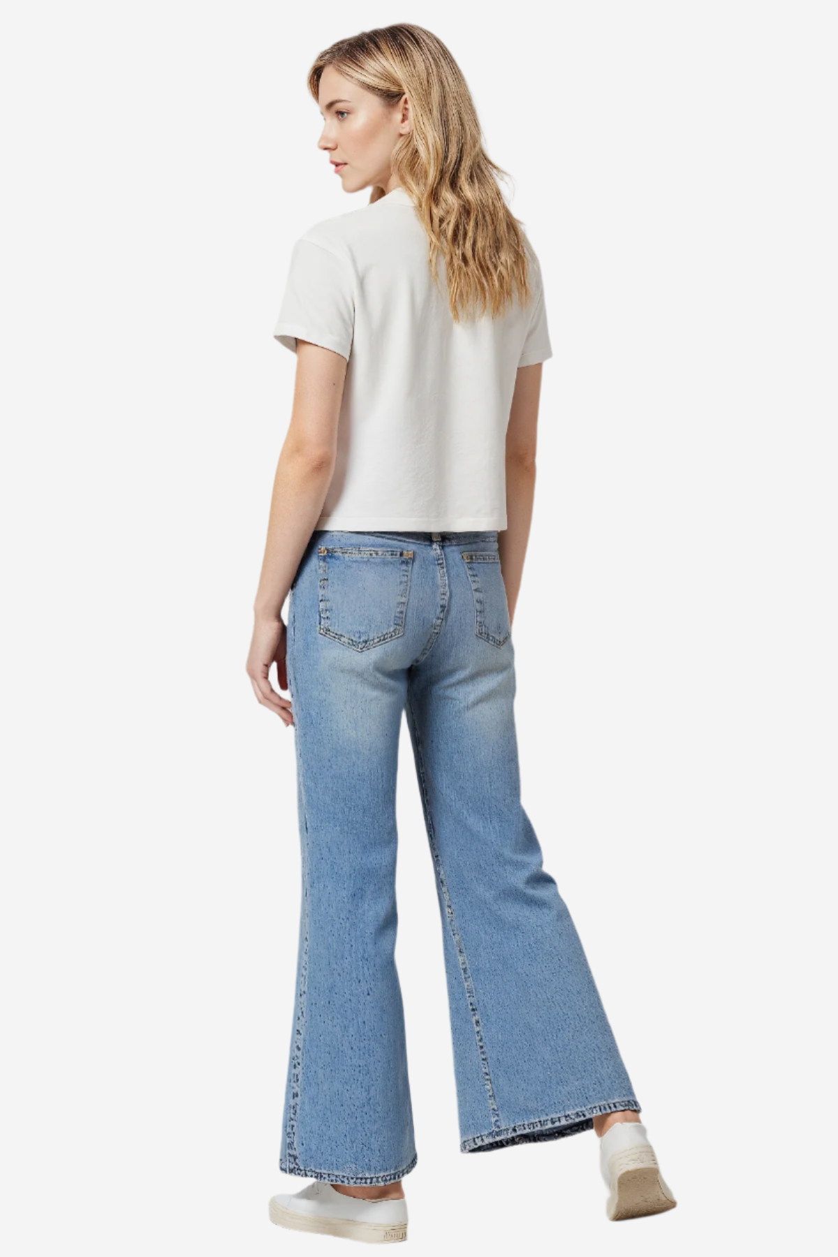 Alternate back image of the model wearing the same white shirt. The back of the shirt is plain without any images or text.