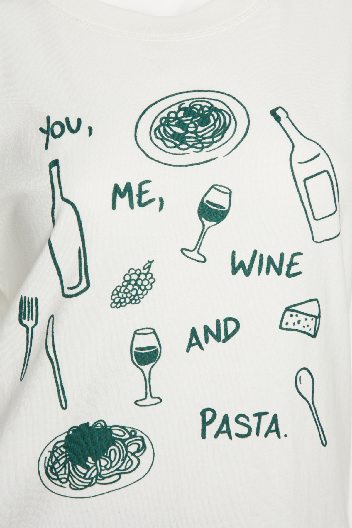 This is a close up image of the front of the shirt highlighting the text and imagery. The text reads, "You, me, wine and pasta." with accompanying images of pasta, wine, cheese, grapes, and utensils.