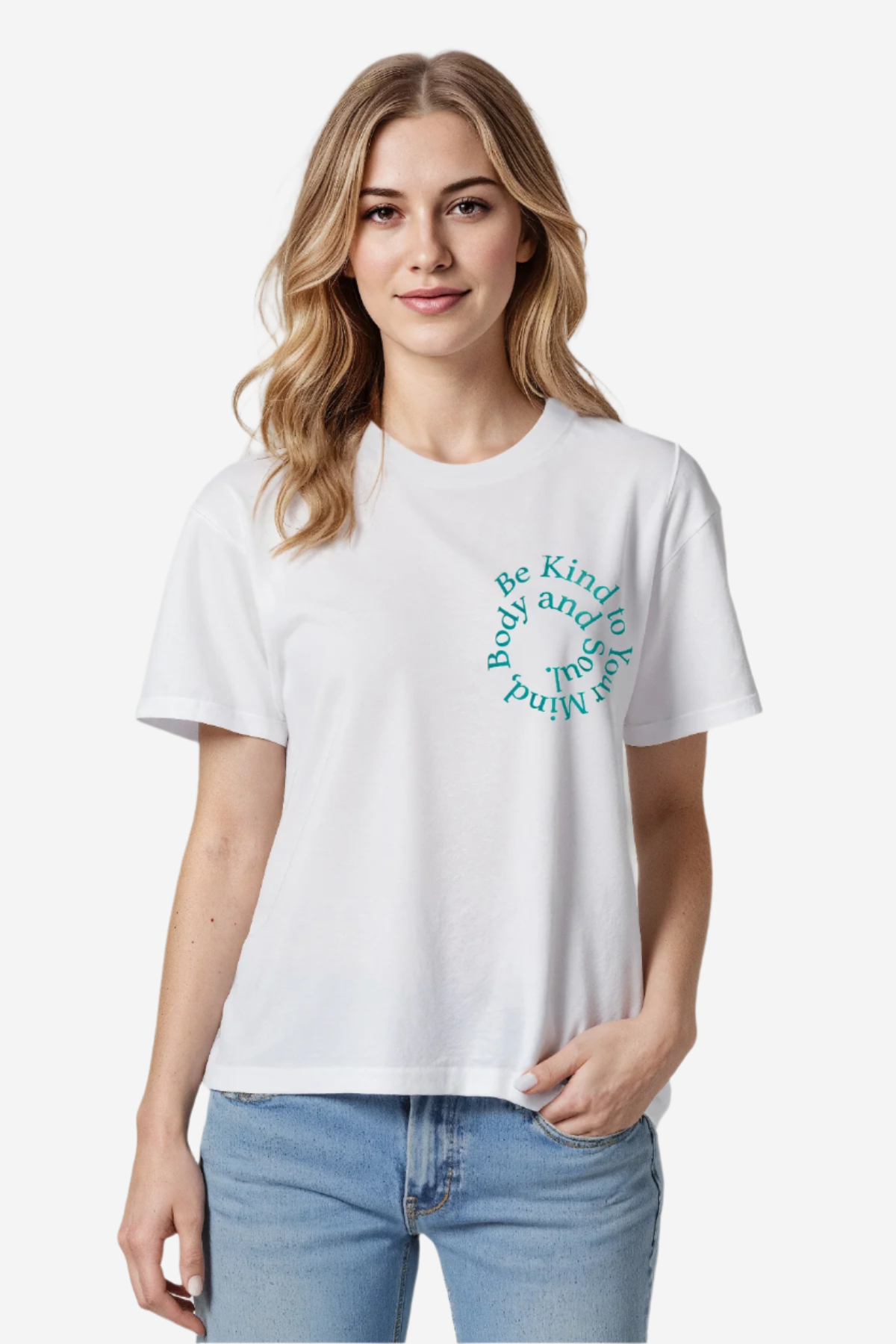 A woman wearing a white crewneck t-shirt with the phrase &