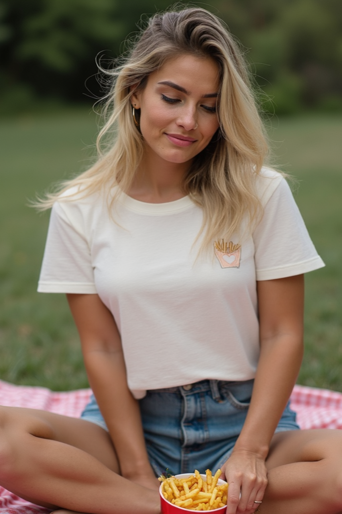 Woman sitting cross legged on blanket wearing a white t-shirt with a small fires image design outside with a cup of real fires in lap