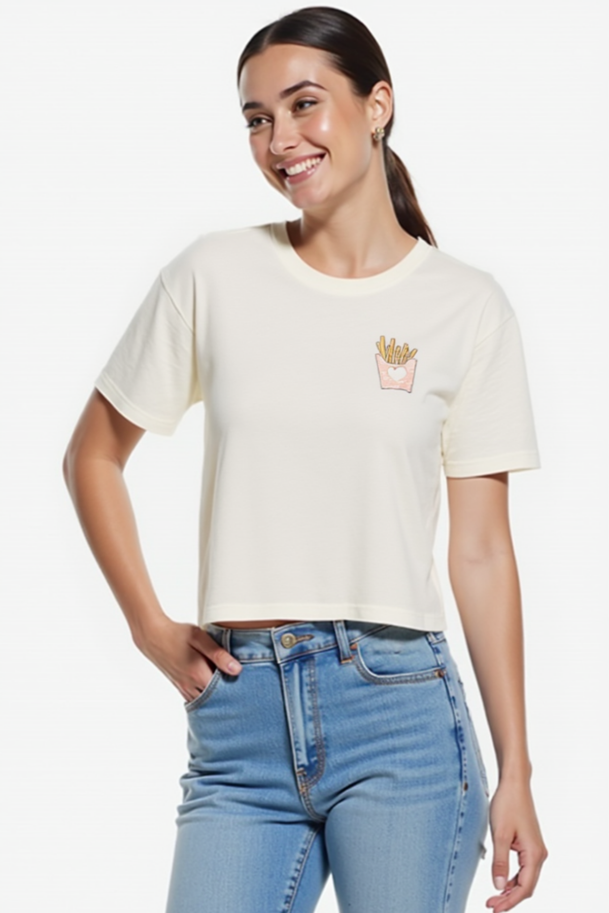 Woman wearing a white t-shirt with a small fires image design on a white background