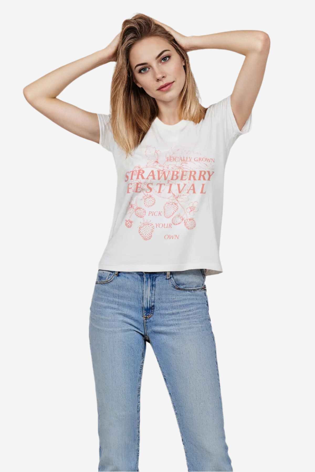 A woman wearing a white crewneck t-shirt with &