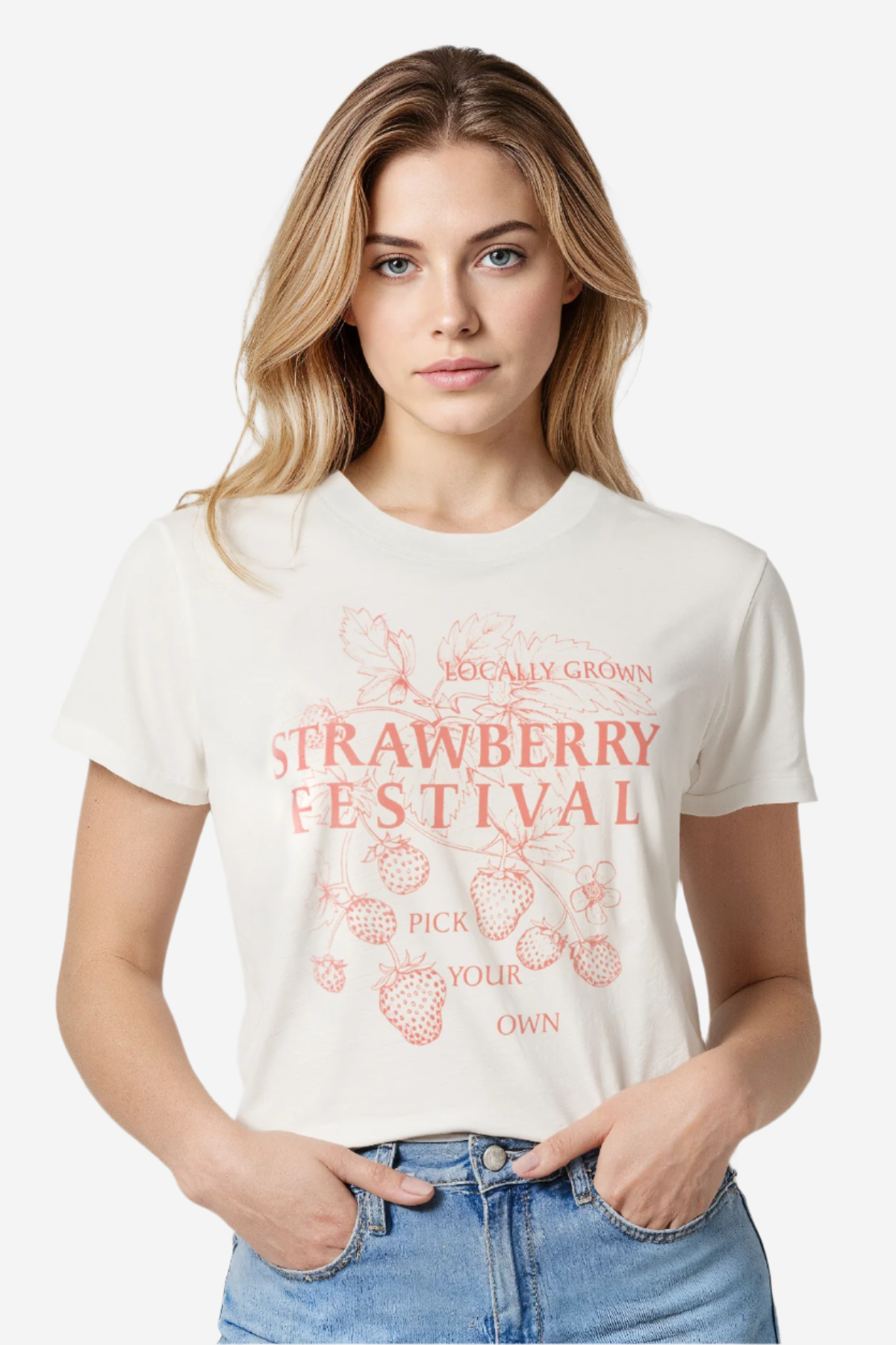 A woman wearing a white crewneck t-shirt with &