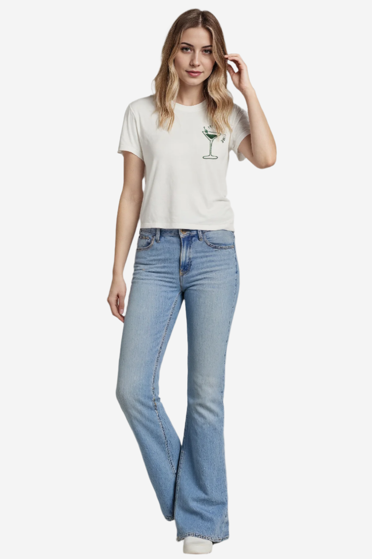 A woman wearing a white crewneck t-shirt with &