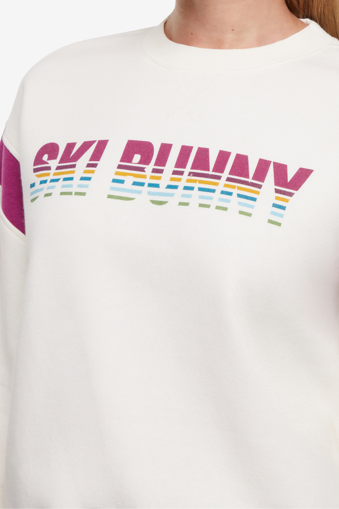 Close up of White sweatshirt with colorful &