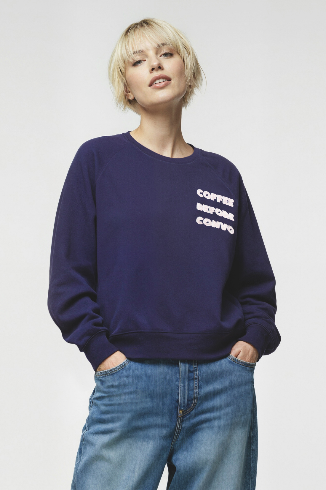 Coffee First Keely Raglan Sweatshirt | Peacoat