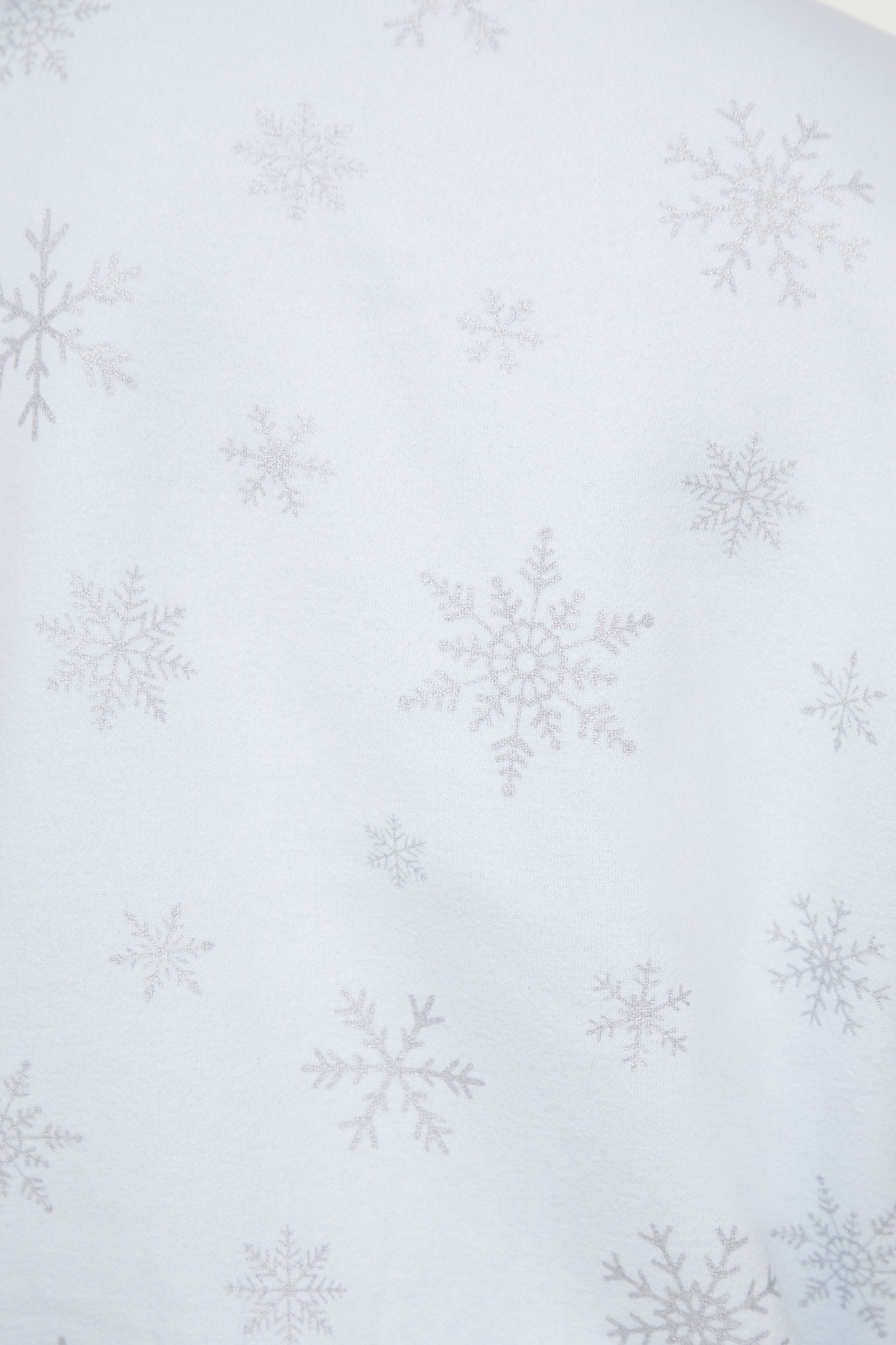 Close up of pattern of silver snowflakes on a light blue sweatshirt