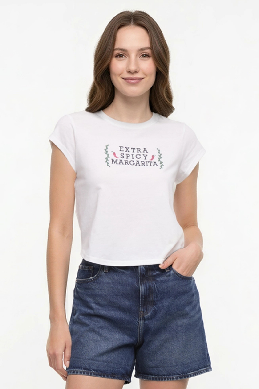 Front view of woman wearing a white t-shirt with &