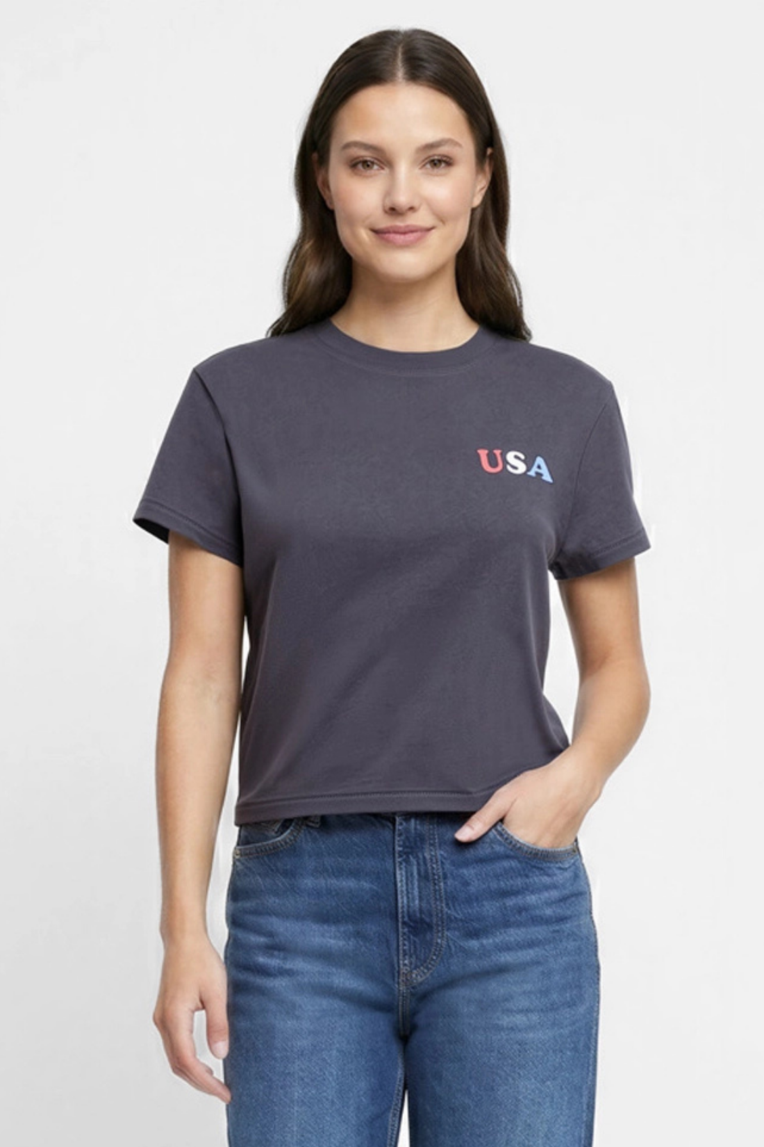 Front view of woman wearing a dark gray t-shirt with &