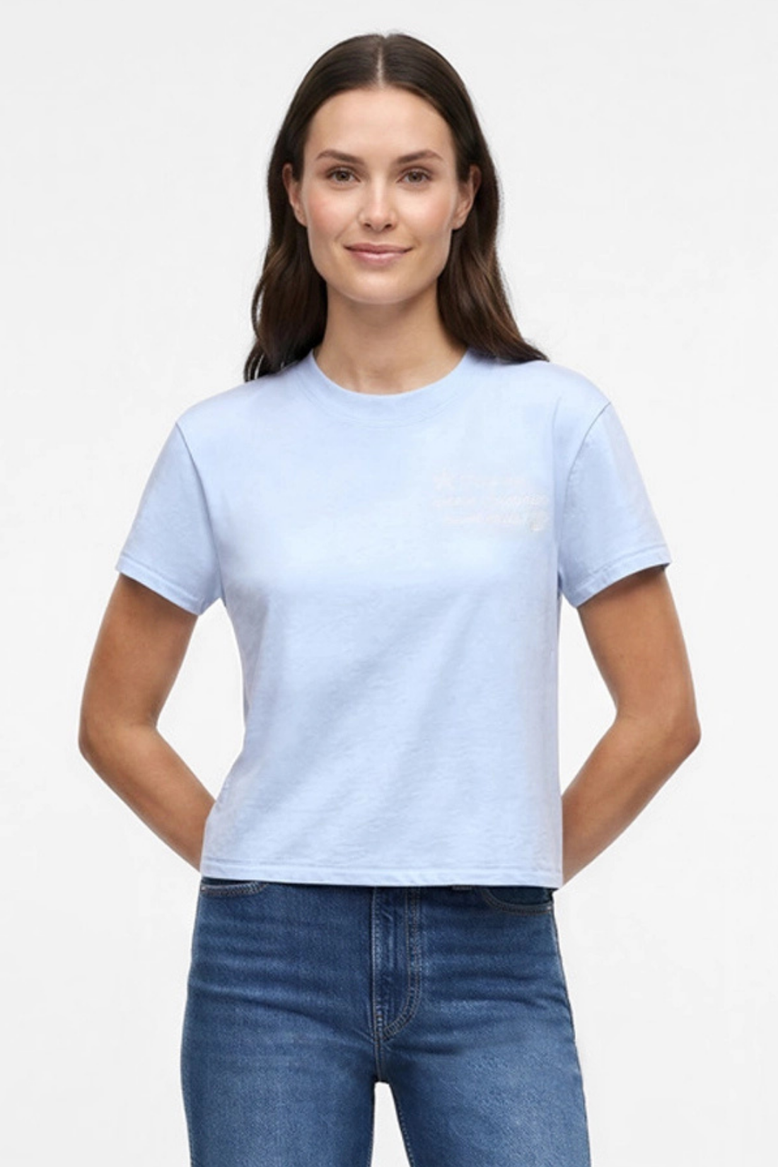 Front view of woman wearing a light blue t-shirt with embroidered &