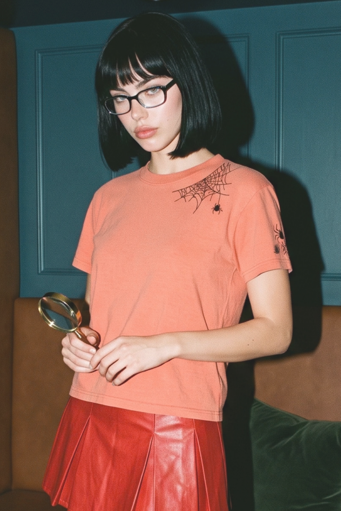 A model with a black bob haircut and glasses wearing a peach-colored t-shirt with a spiderweb graphic on the chest and a red pleated skirt, holding a magnifying glass in front of a dark teal paneled wall.