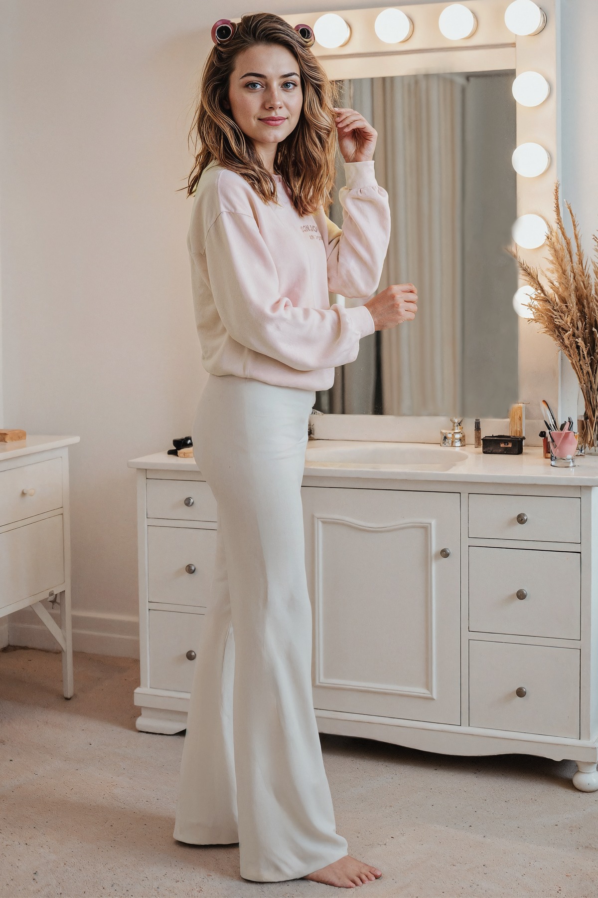 Woman wearing a a pale pink long sleeve sweatshirt and white pants standing in front of makeup mirror.