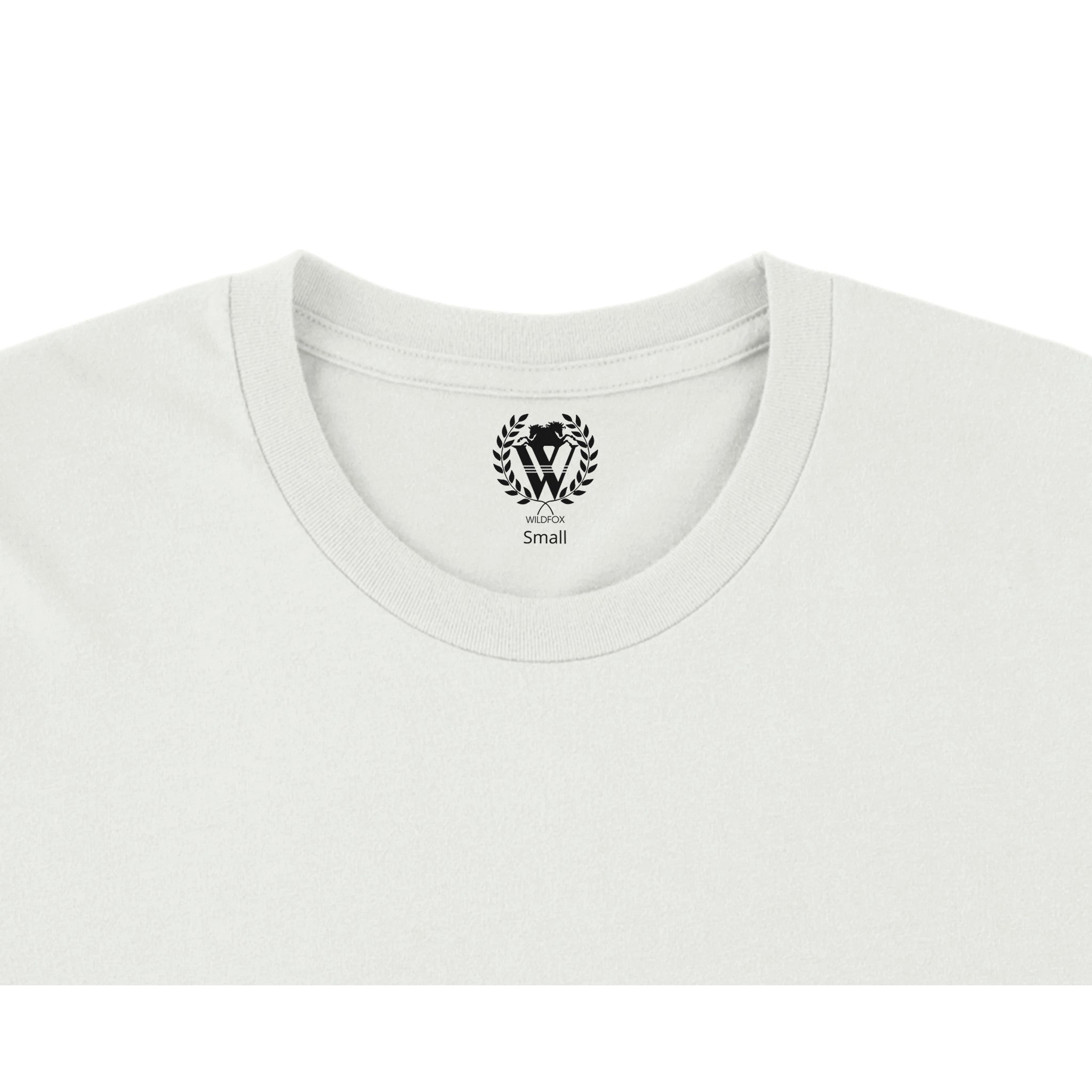 A close up image of the crew neck collar showcasing the WildFox brand logo and shirt size on the inside of the back of the shirt.