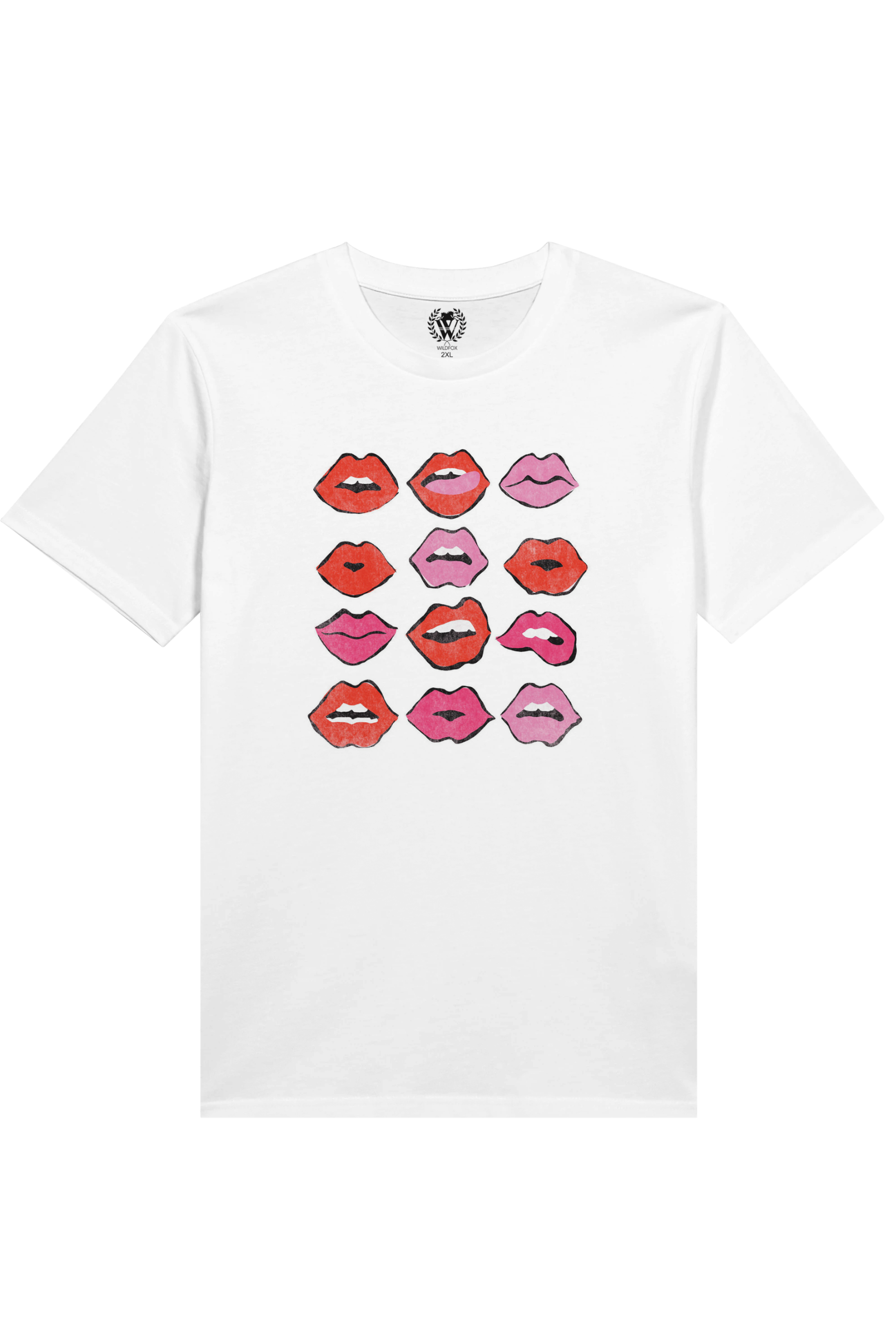 White t-shirt with colorful lip designs on a white background