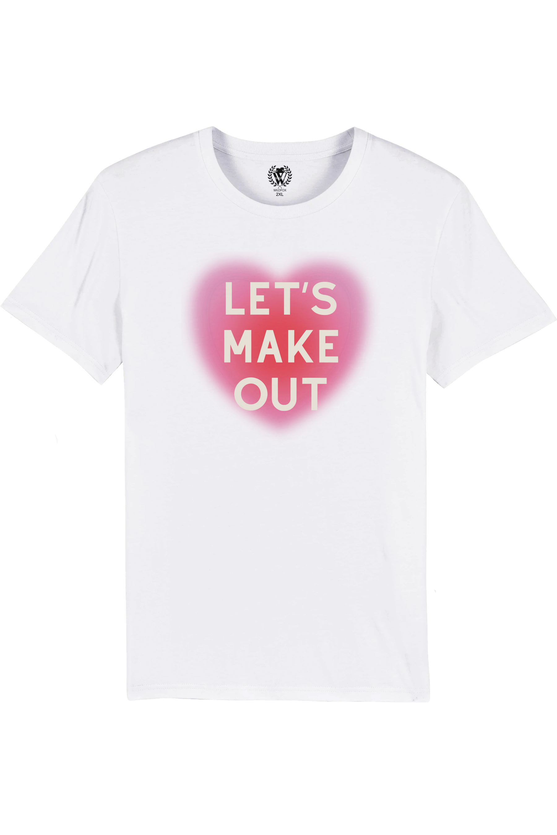 White t-shirt with pink heart and text &