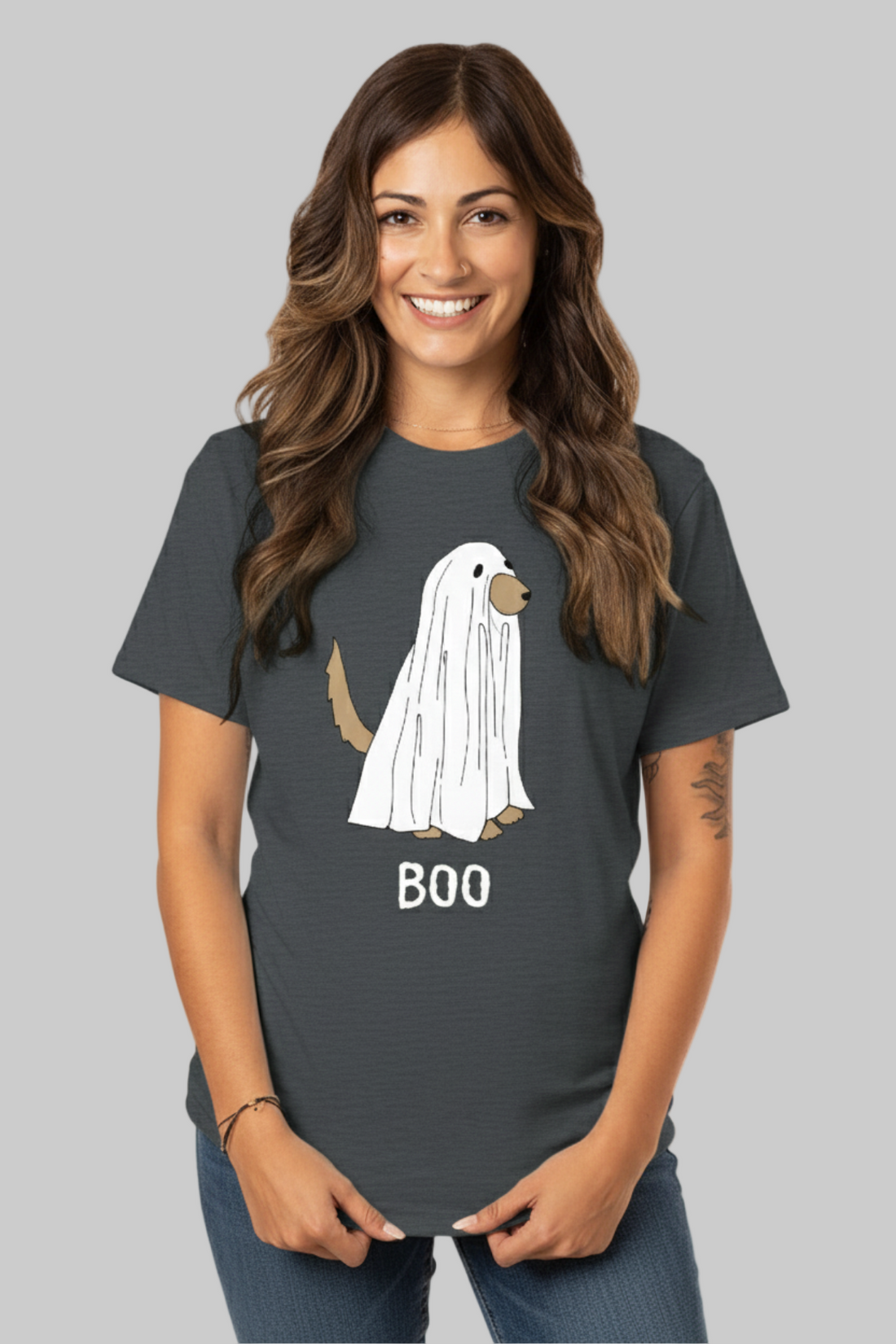 Woman wearing a dark gray t-shirt with &