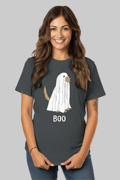 Woman wearing a dark gray t-shirt with &