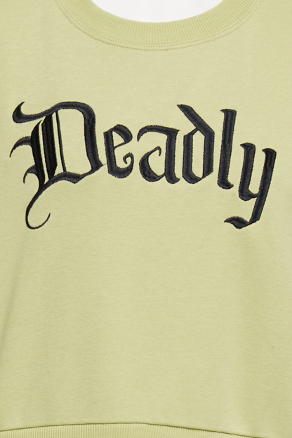 Close up of green sweatshirt with &