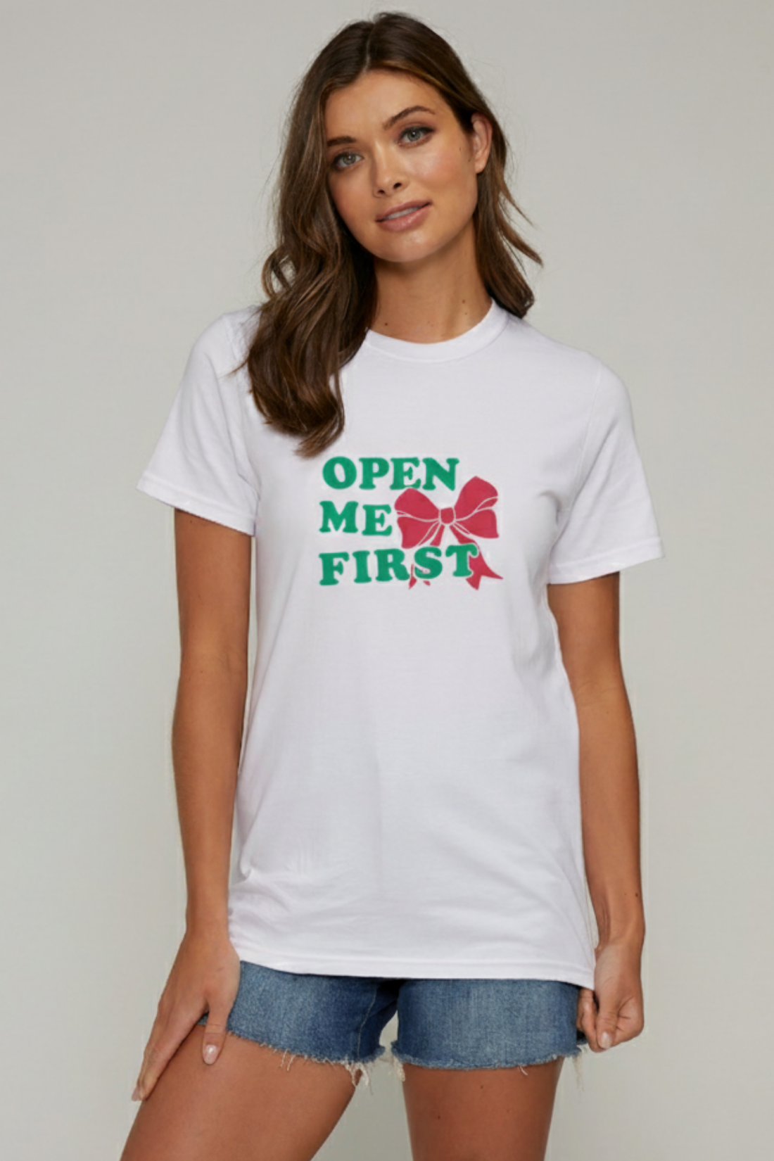 Woman wearing white t-shirt with &