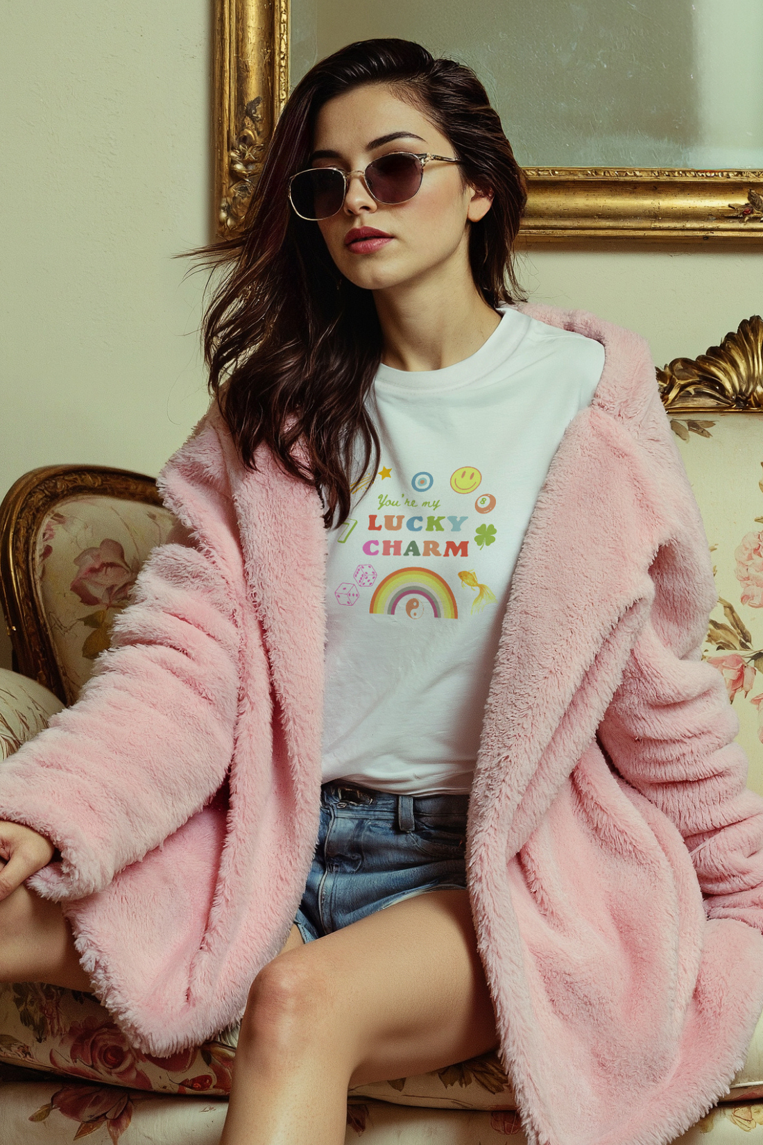 A woman sitting on a sofa, wearing sunglasses and a white graphic t-shirt with the text &