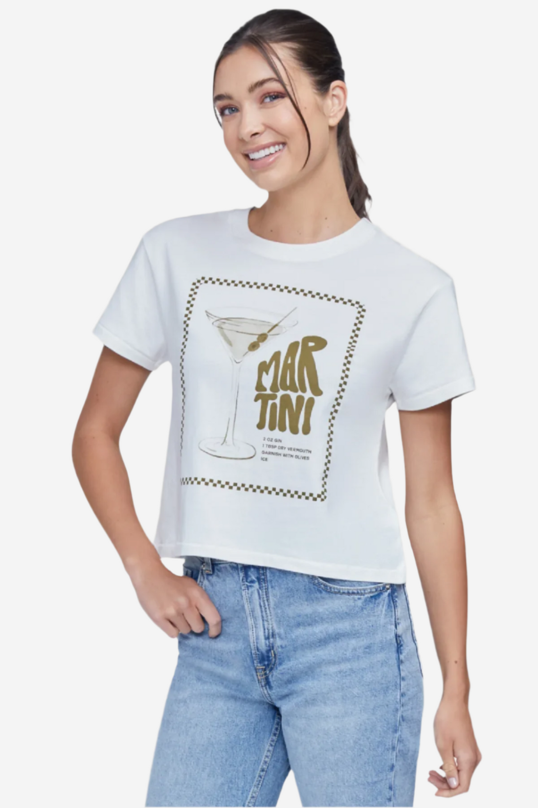 A woman wearing a white crop top with a martini glass graphic and text that includes &