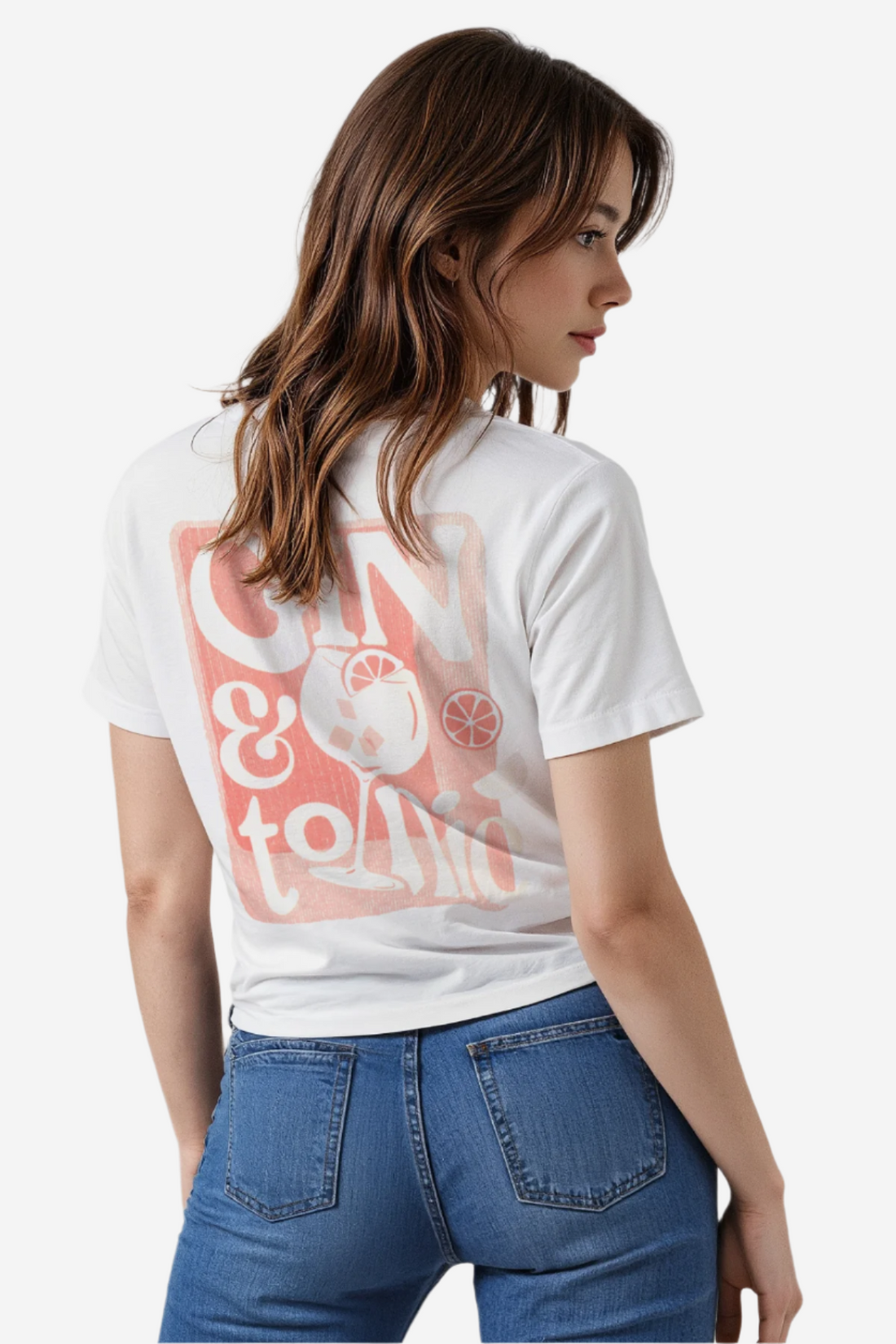 A woman wearing a white crop tee with the text &