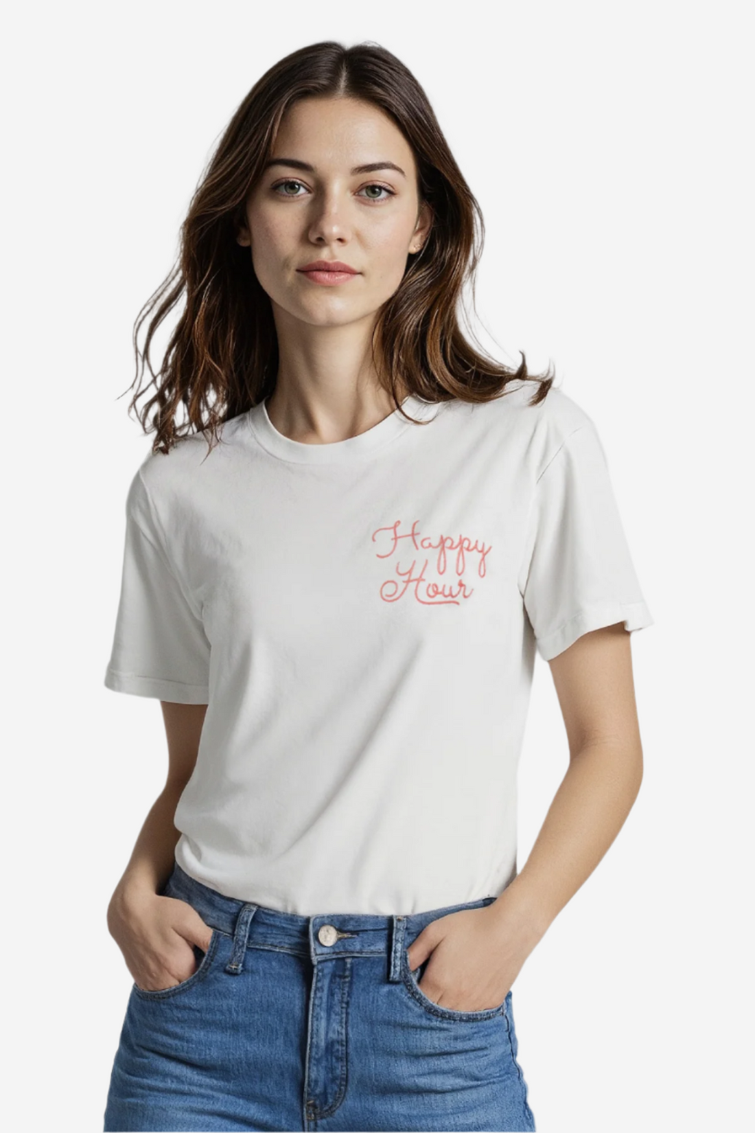 A woman wearing a white crop tee with the text &