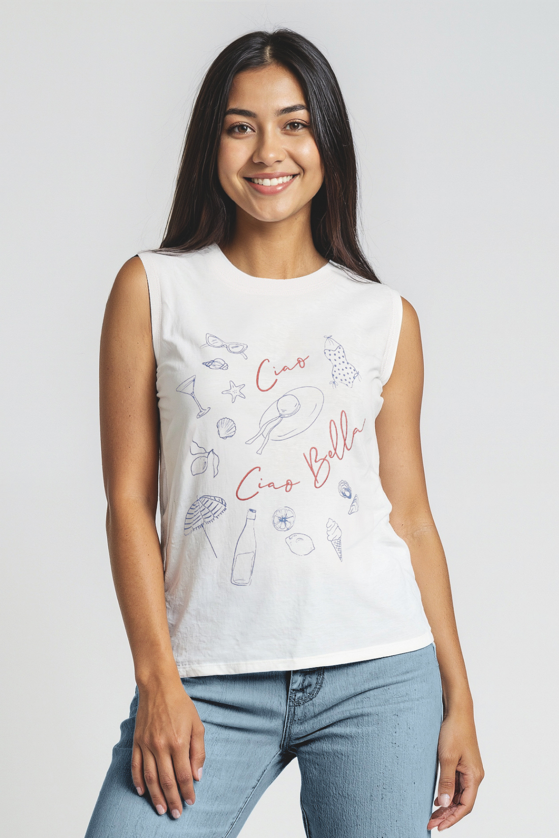 Woman wearing a white sleeveless shirt with graphics and "Ciao ciao Bella" text on a plain background