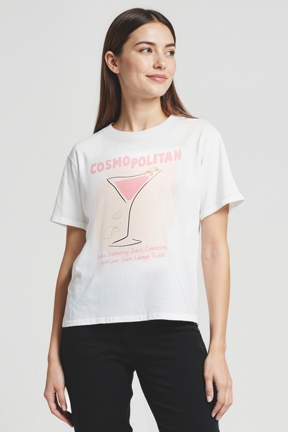 Woman wearing a white t-shirt with &