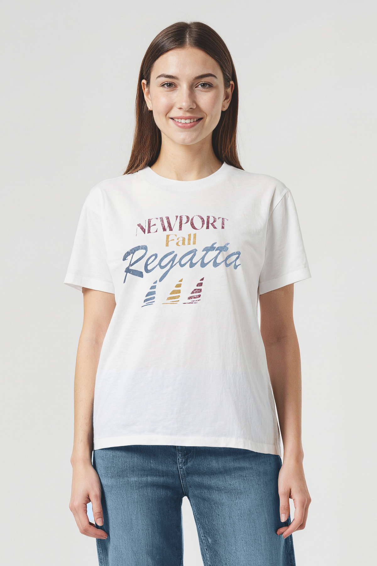Woman wearing a white t-shirt with &