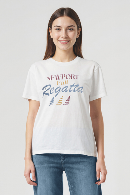 Woman wearing a white t-shirt with &