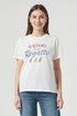 Woman wearing a white t-shirt with &