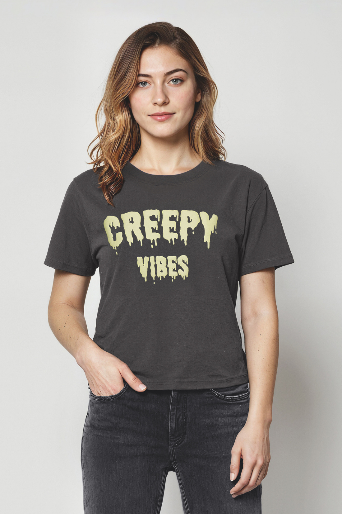Woman wearing a black t-shirt with &