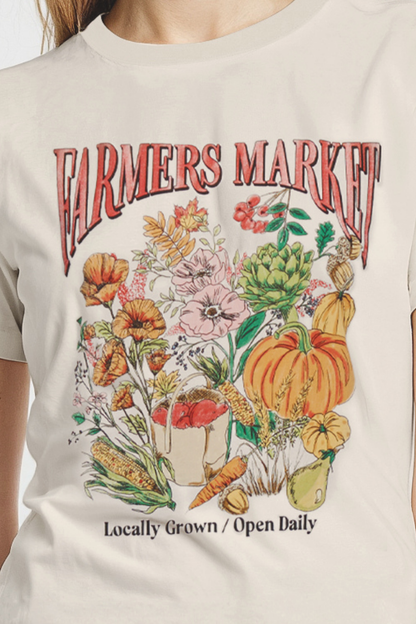 Close up of beige t-shirt with &