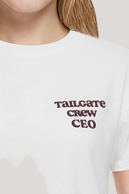 Closeup of white t-shirt with &