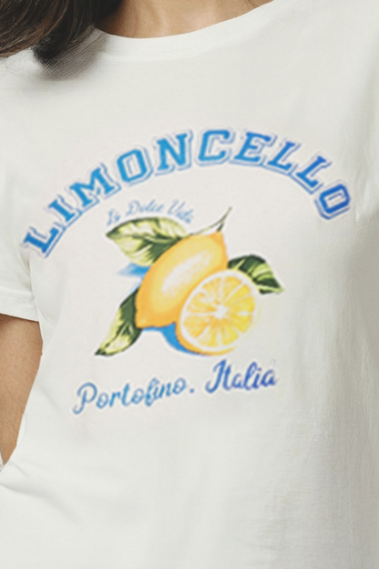 Close up of a woman wearing white t-shirt with &
