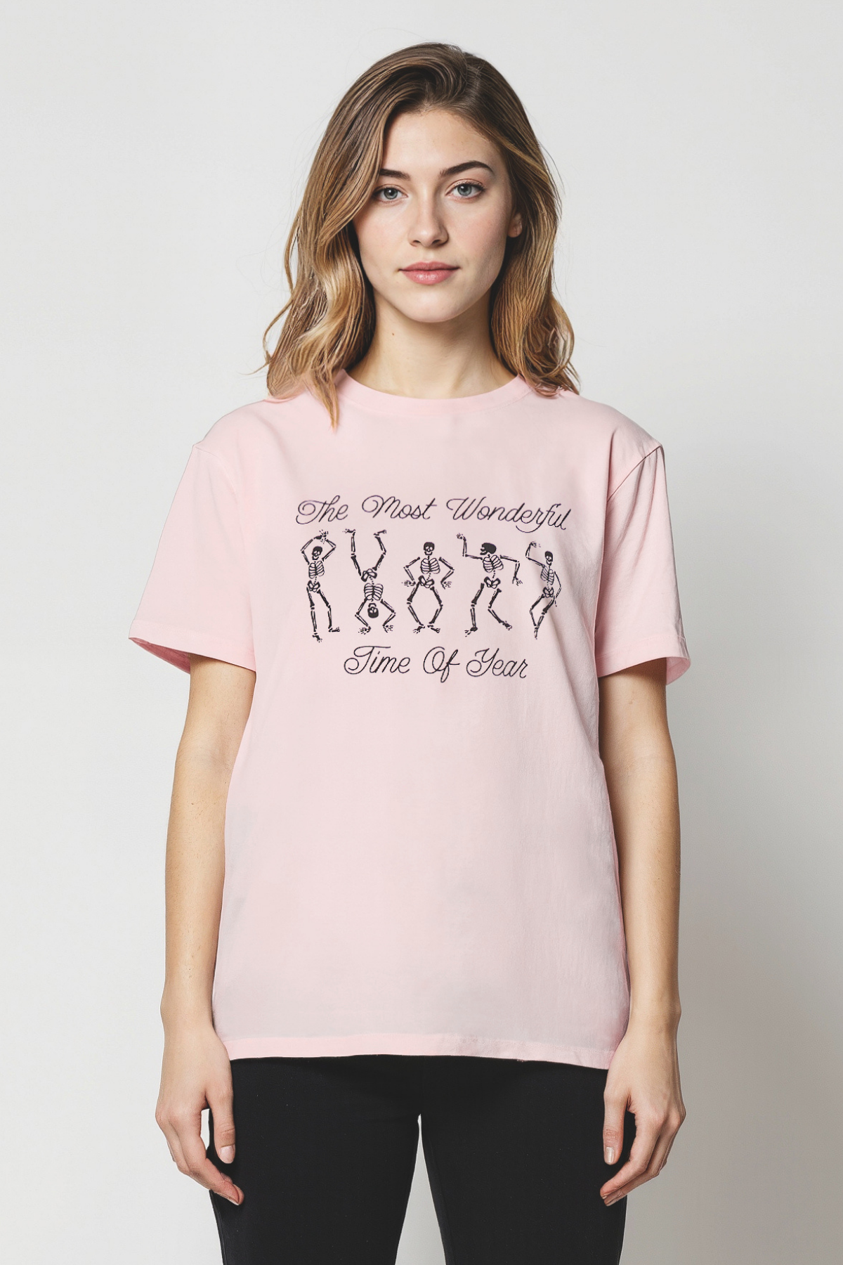 Woman pink t-shirt with skeleton dancing design and text &