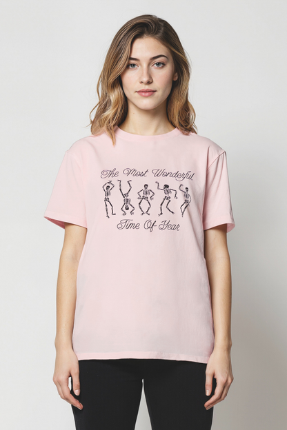 Woman pink t-shirt with skeleton dancing design and text &