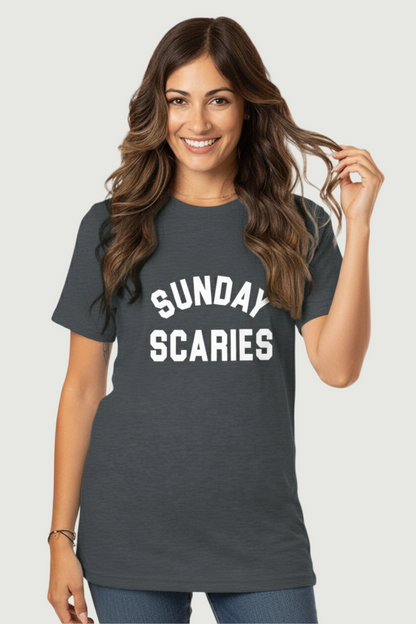 A woman wearing a gray t-shirt with &